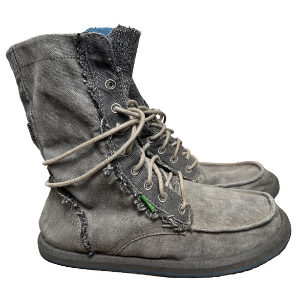 Sanuk Stevie Boots Size 7 EU 38 Canvas Mid Calf Lace Up Gray Flat Casual Shoes - Picture 1 of 9
